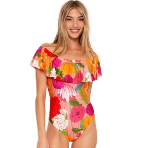 Trina Turk Sunny Bloom Bandeau One Piece Swimsuit Ruffle Off The Shoulder NWT